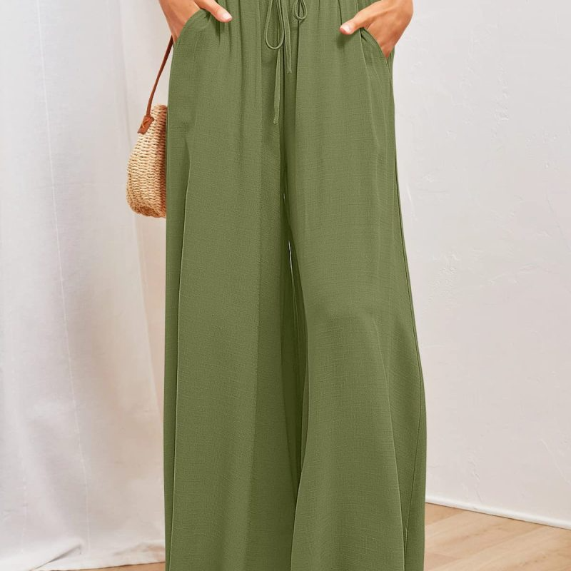 Women Fashion Casual Solid Color Elastic Waist Wide Leg Pants