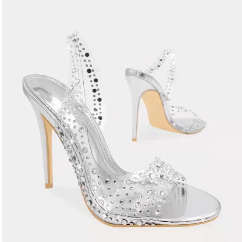 Women Fashion Sexy Plus Size Transparent Rhinestone Stiletto Heel Sandals