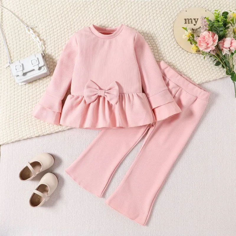 (Buy 1 Get 2) Kid Girl Casual Solid Color Long Sleeve Bow Set