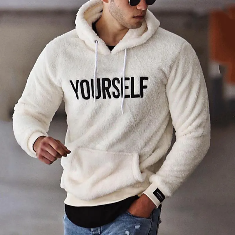 Men Casual Simple Solid Color Double Sided Fleece Hooded Letter Print Sweatshirt