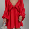 Women Fashion Casual Solid Color V Neck Long Sleeve Dress