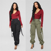 Women Fashion Casual Multi-Pocket Button Middle Waist Pants