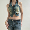 Women Edgy Fashion Distressed Denim Three-Breasted Backless Halter Neck Lapel Vest