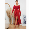 Women Elegant Solid Color Lace Patchwork Long-Sleeved Off-The-Shoulder Belted Side-Slit Jumpsuits