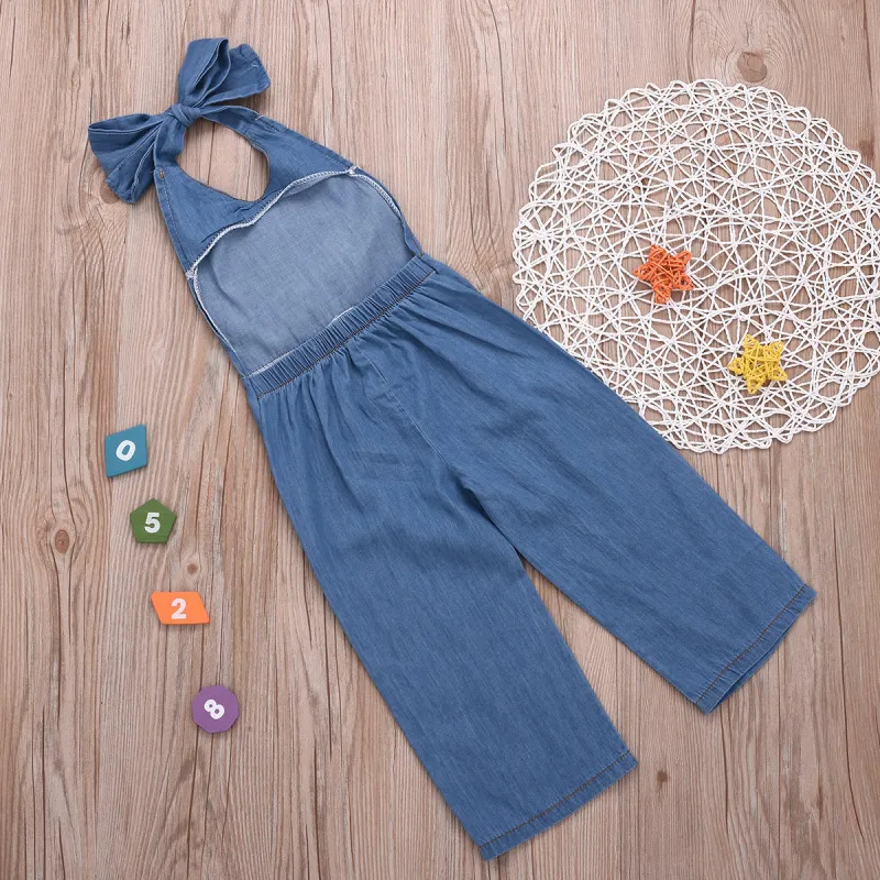 Children Kids Baby Fashion Girls Open-Back Denim Jumpsuit