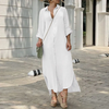 Women Casual Cotton Linen Lapel Single Breasted Maxi Shirt Dress