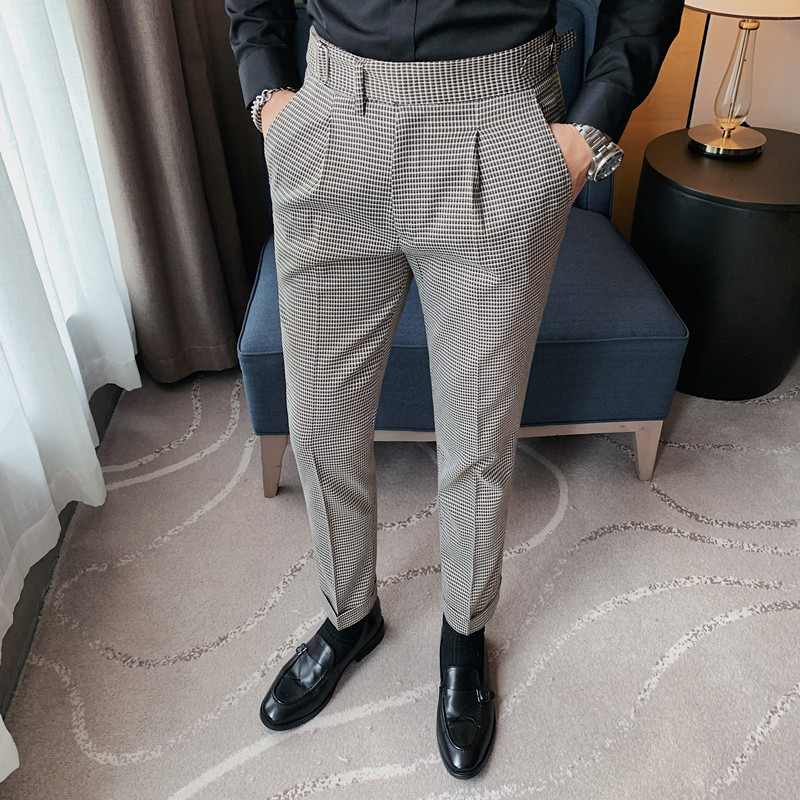 Fashion British Style Dress Suit Pants Men Plaid Pattern Gentlemen Business Casual Work Trousers