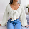 Women Fashion Bowknot V-Neck Lantern Sleeve Cropped Solid Knitted Sweater