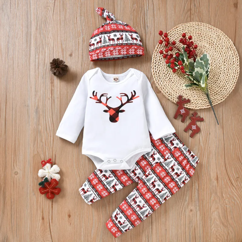 Kids Baby Boys Girls Fashion Casual Christmas Deer Round Neck Long Sleeve Romper Trousers Sets