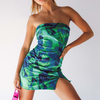 Women Fashion Sexy Tie-Dye Flanging Irregular Slit Mini Floral Dress