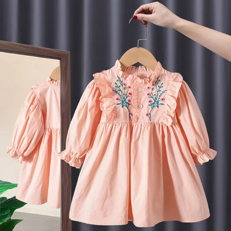 Kids Toddler Girls Fashion Casual Cute Solid Color Embroidery Floral Plaid Lapel Dress