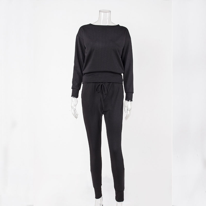 Women Fashion Solid Color Long Sleeve Rib-Knit Top And Drawstring Waist Pants Two Piece Set