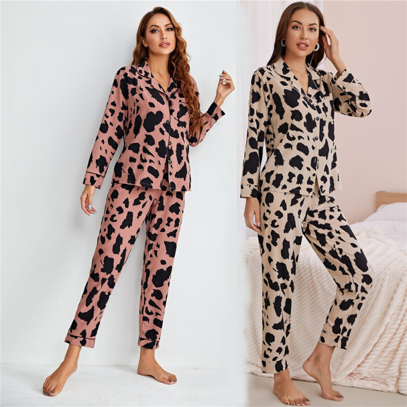 Women Casual Long Sleeve All Over Print Single-Breasted Pajamas Set