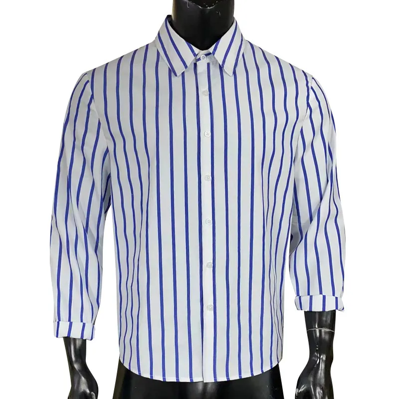 Men'S Casual Lapel Stripe Printed Long-Sleeved Shirt