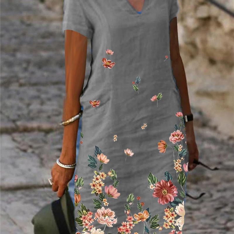 Women Casual Floral Printed Short-Sleeved V-Neck Cotton Linen Midi Dress