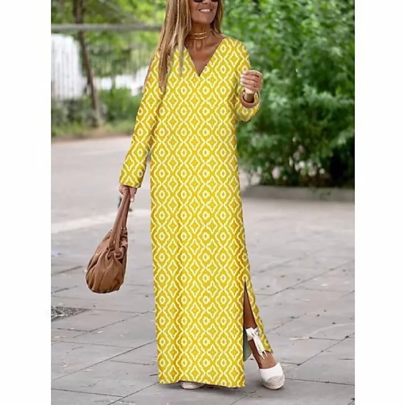 Ramadan /Eid Women Casual Boho Style Geometry Print Long Sleeve V Neck Side Slit Maxi Dress