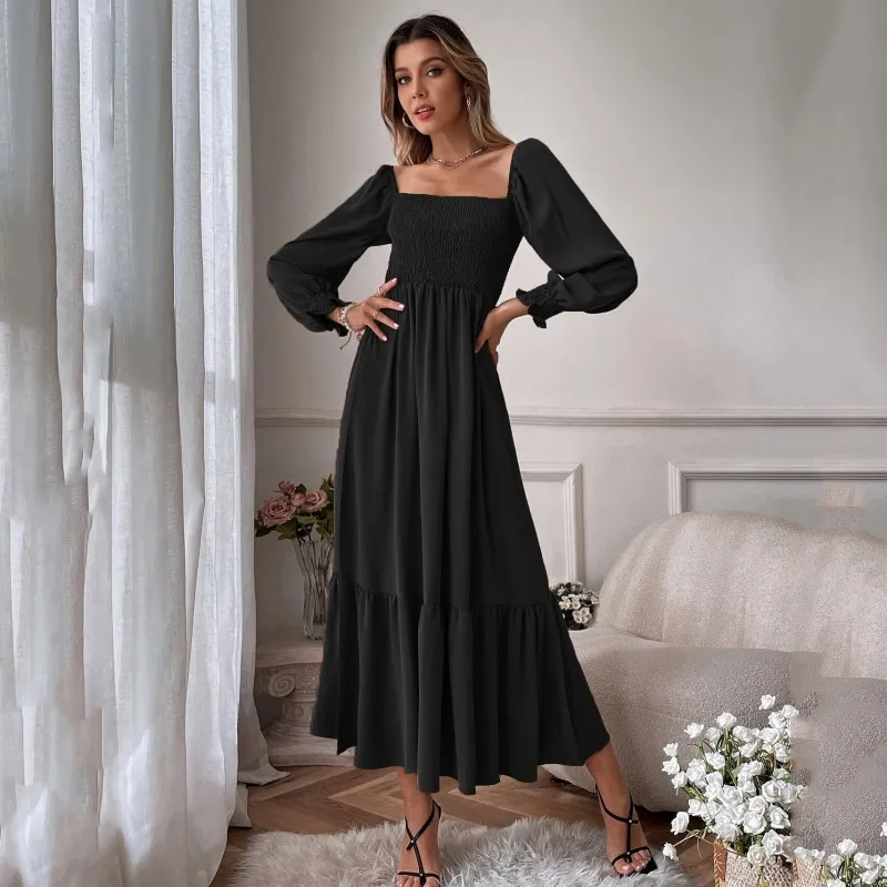 Women Ramadan /Eid Fashion Solid Color Square Collar Long Sleeve Ruffled High Waist Maxi Dress