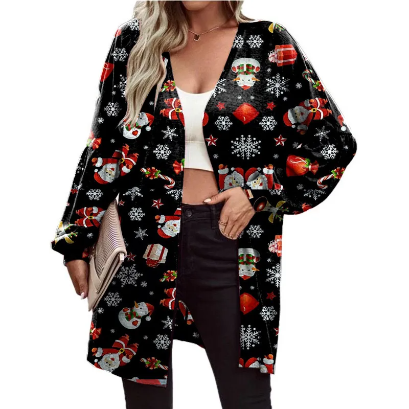 Women Fashion Cartoon Christmas Snowman Snowflake Print Long Sleeve Cardigan Jacket