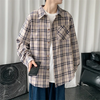 Men Fashion Colorblock Check Print Lapel Long Sleeve Loose Shirt