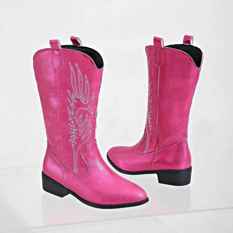 Women Fashion Plus Size V-Mouth Embroidery Pointed Toe Mid-Calf Boots