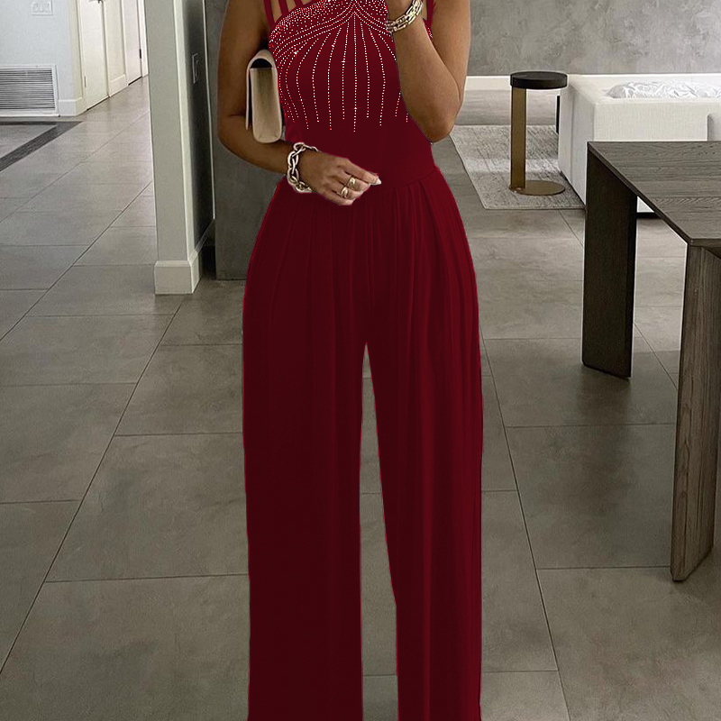 Women Sexy Elegant Cut Out Casual Sleeveless Rhinestone Wide Leg Jumpsuits