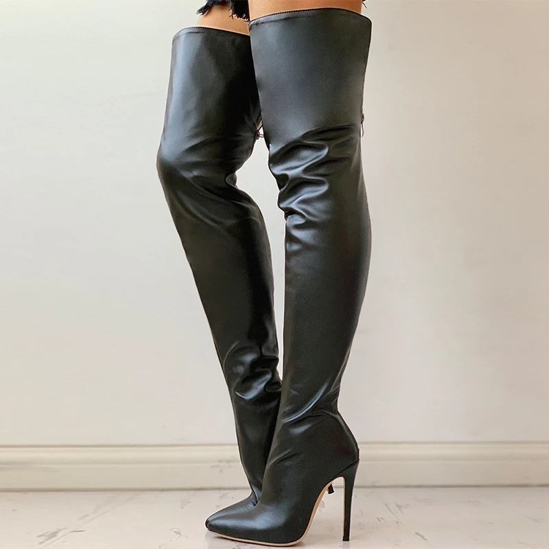 Women Plus Size Fashion Solid Color Stiletto Heel Pointed Toe PU Boots