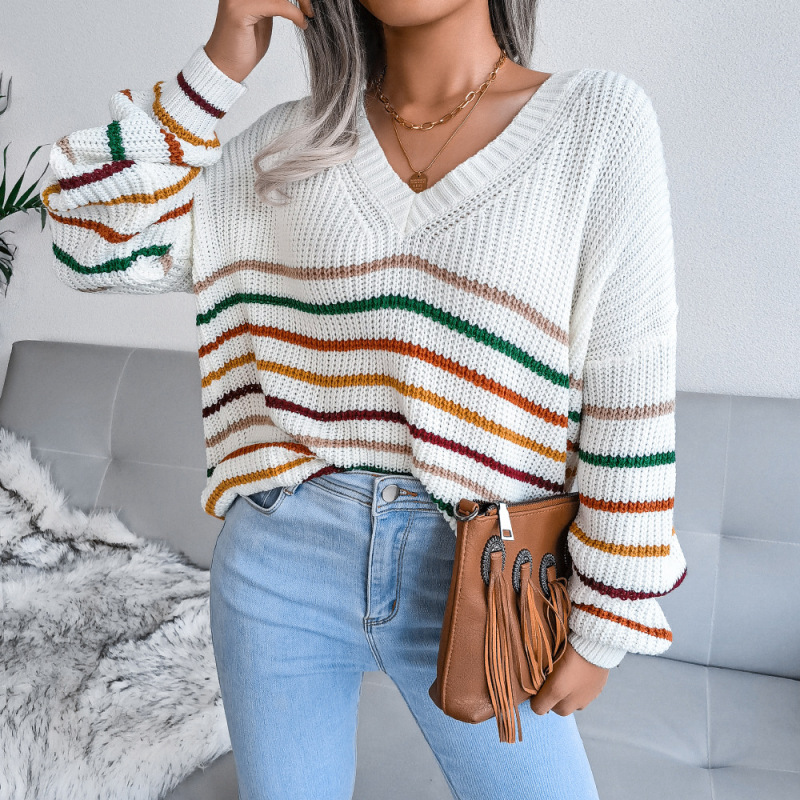 Women Casual Rainbow Stripe Loose V Neck Long Sleeve Knitted Sweater