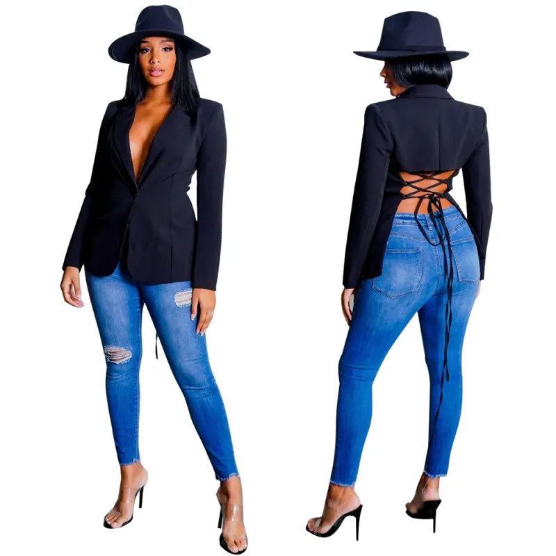 Women Fashion Sexy V-Neck Long Sleeve Solid Color Blazer Jacket