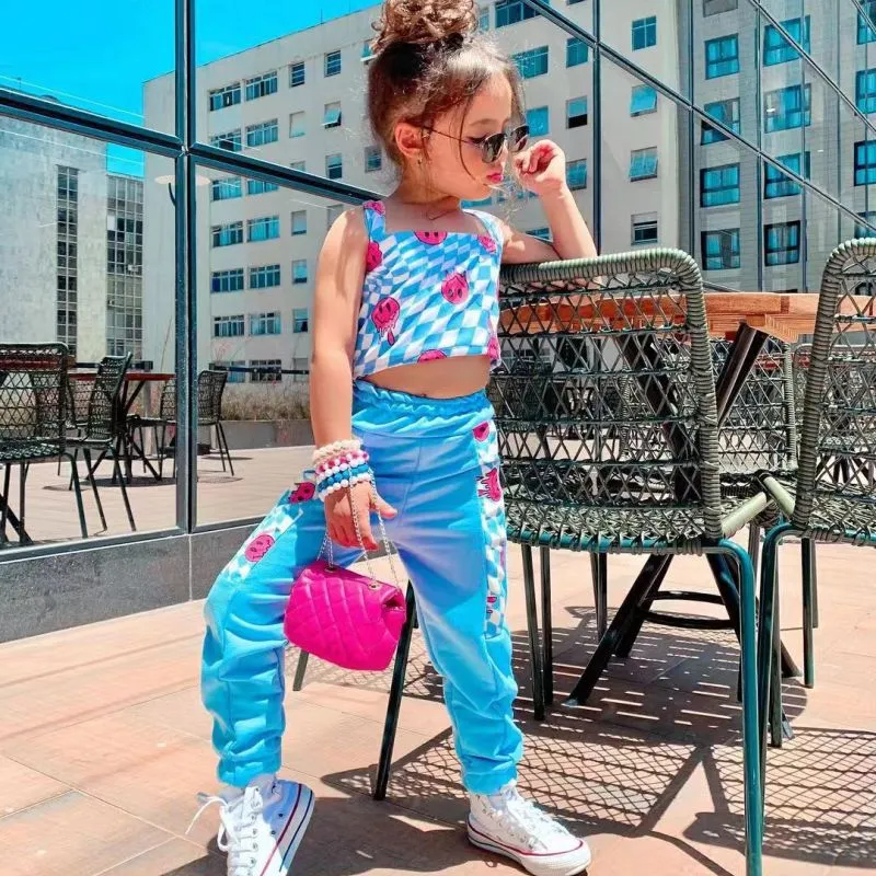 Kids Toddler Big Girls Summer Fashion Casual Cute Color Matching Playd Smiley Face Vest Trousers Set