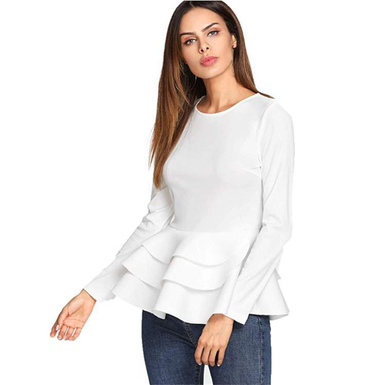 Women Casual Solid Color Double-Layer Ruffled Hem Long-Sleeved Office Chic Blouse