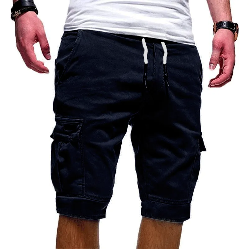 Men Casual Mid-Rise Solid Color Multi-Pocket Sports Shorts