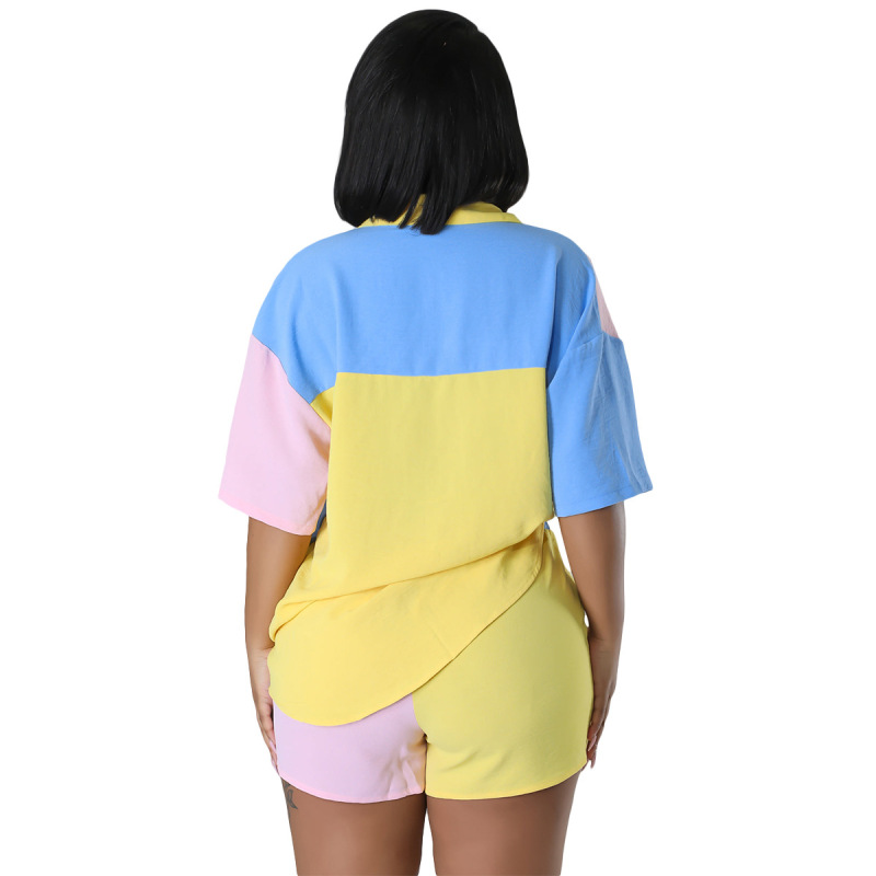 Women'S Fashion Casual Color Blocking Short Sleeve Shirt Pocket Shorts Two-Piece Set