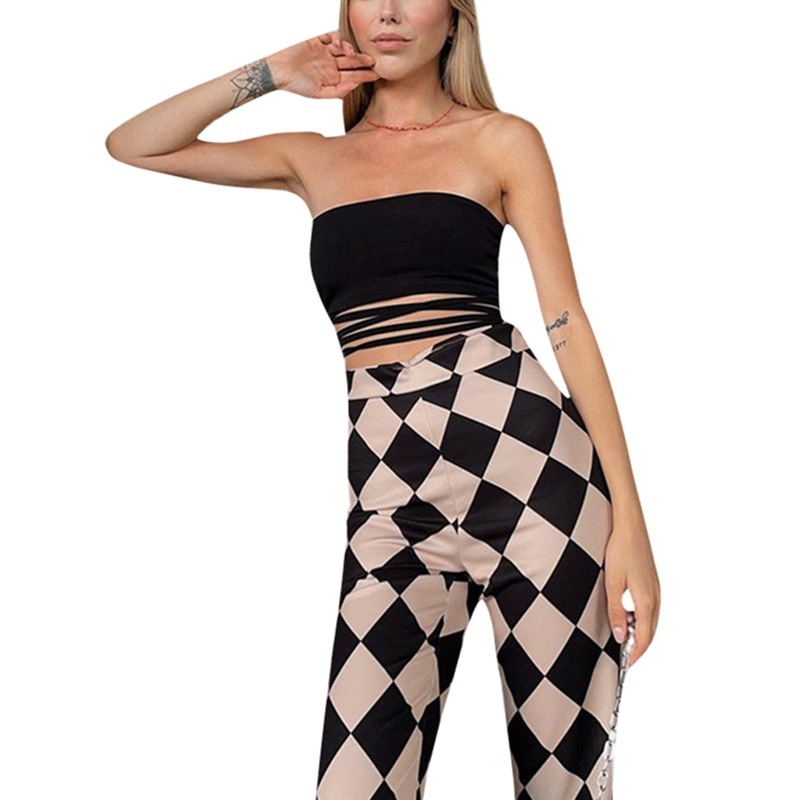 Women'S Fashion Plaid Printing High-Waist Slit Flared Trousers