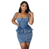 Women Slim Elastic Sexy Zipper Suspenders Ruffle Denim Dress