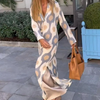 Ramadan /Eid Women Casual Boho Style Geometry Print Long Sleeve V Neck Loose Maxi Dress