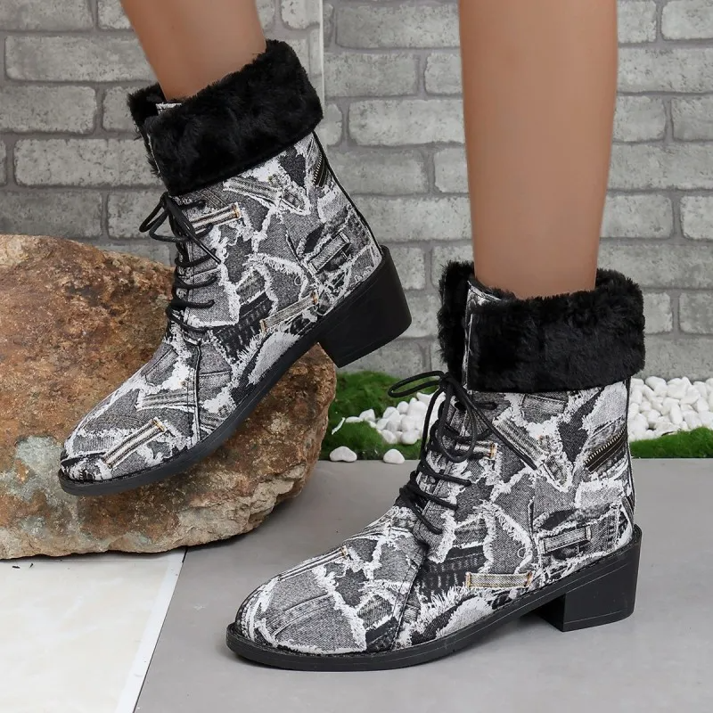 Autumn And Winter Women Fashion Plus Size Snake Print Fleece Warm Short Boots