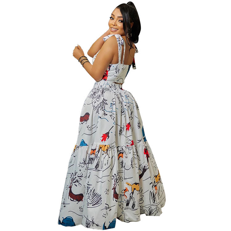 Women Fashion Printed Sleeveless Spaghetti Strap Backless Top High Waist Long Skirt Sets