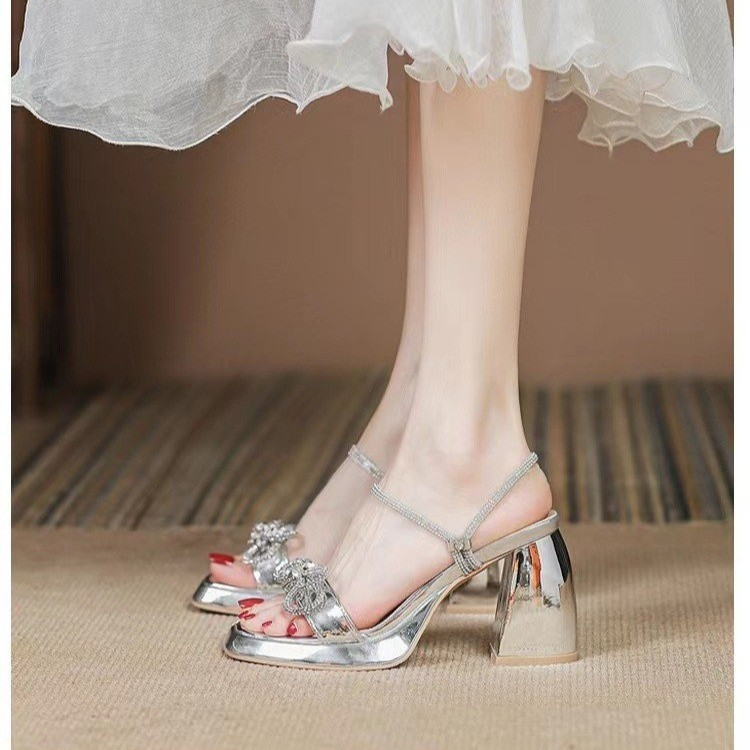 Women Fashion Sexy Bow Rhinestone Chunky Heel Thick-Soled Slippers Wedges