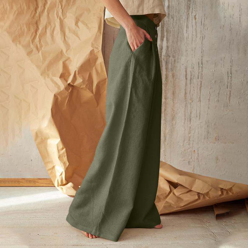 Women'S Casual Solid Color Cotton Linen Single-Breasted Button High Waist Wide Leg Pants