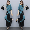 Women Elegant Bow Knot Half Sleeve Solid Color Chiffon Blouse And Wide Leg Pants Office Chic Set