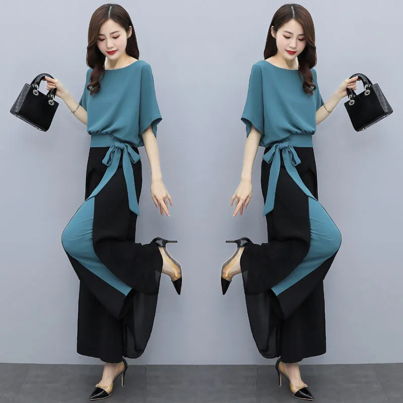 Women Elegant Bow Knot Half Sleeve Solid Color Chiffon Blouse And Wide Leg Pants Office Chic Set