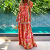 Women Ramadan /Eid Fashion Elegant Boho Floral Printing Lapel Single-Breasted Short Sleeve Long Dress