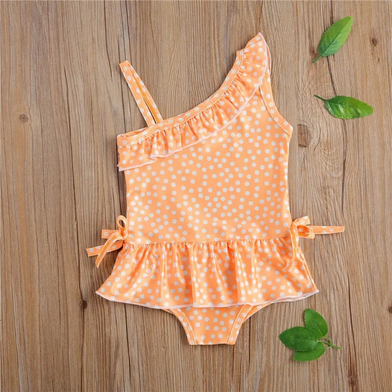 Girls Slant Shoulder Polka Dot One-Piece Swimsuit