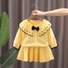 Kids Toddler Girls Autumn Winter Fashion Casual Simple Solid Color Bow Pearl Button Lapel Sweater Pleated Skirt Set