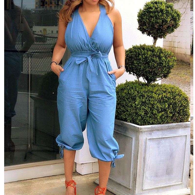 Women Fashion V-Neck Backless Solid Color Halter Jumpsuits