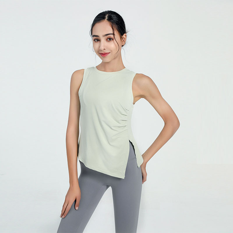 Women Casual Loose Solid Color Round Neck Sleeveless Side Slit Sports Tank Top