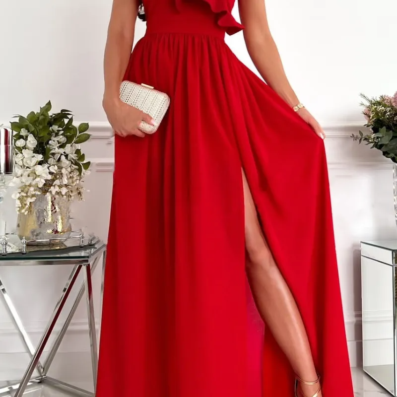 Women Elegant Solid Color One Shoulder Sleeveless Ruffle Side-Slit Dress