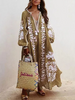 Ramadan /Eid Women Retro Loose V-Neck Long Sleeve Printed Maxi Dress