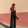 Women Solid Color Wide Leg Pants Straight Mid Waist Backless Jumpsuit