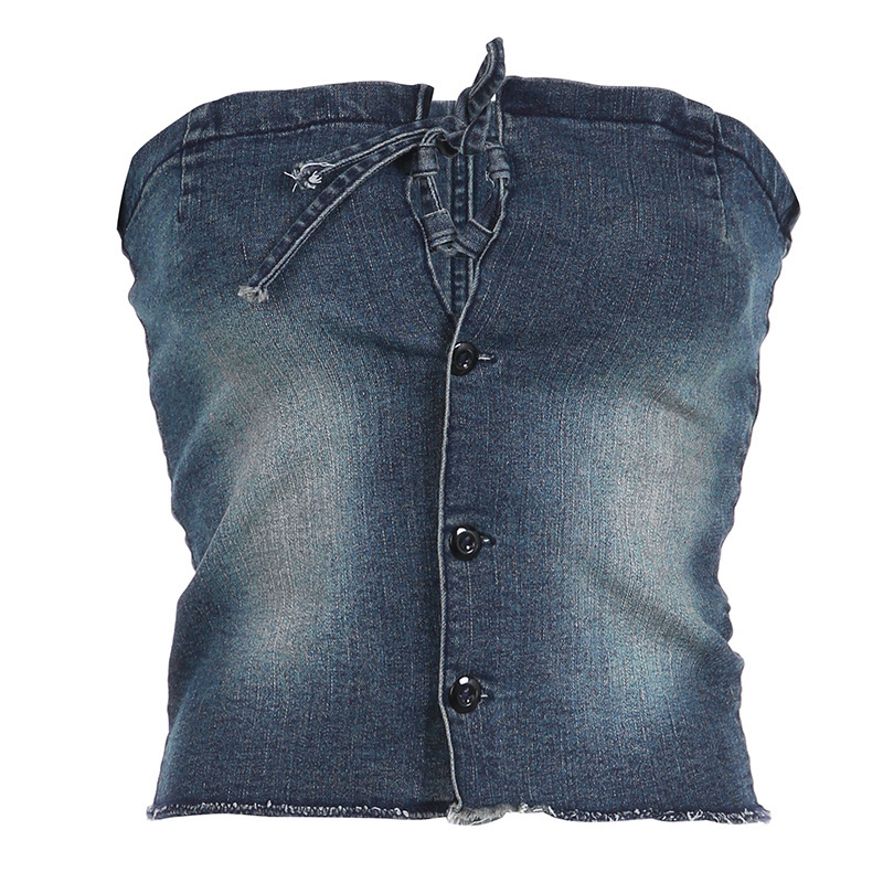 Women'S Fashion Edgy Boat Neck Single-Breasted Denim Tube Top